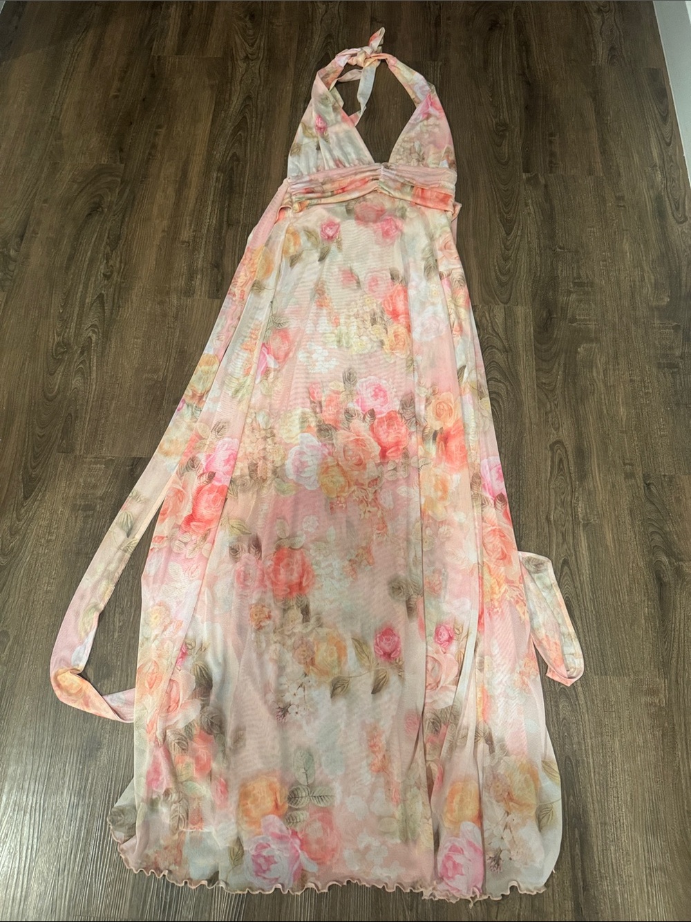 RESA Floral Halter Maxi Dress in Pink, Peach and Cream